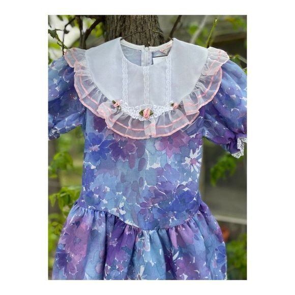 Vintage 80s Princess Party Dress Puff Sleeve Ruffle Collar Lace Rosebuds Waterco - Picture 6 of 6